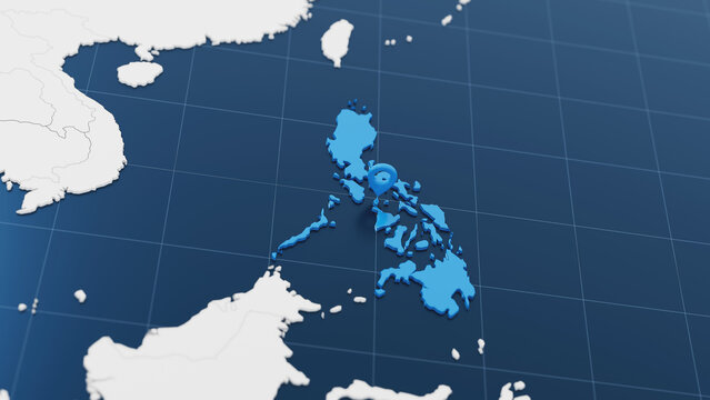 Blue Philippines 3d map with pointer pin surrounded with other countries in white.Political map with borders. 3d render illustration