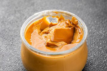 Dessert mousse coffee cream sweet dish fresh tasty gourmet food background on table rustic food top view copy space