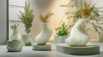 Stylized 3D sculpture display in a clean artistic environment, curved ribbed forms in light sandstone hues, stacked muted green platforms