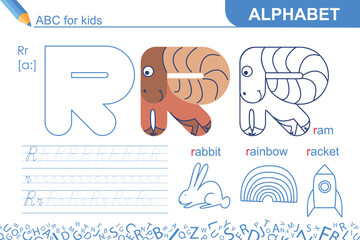 Letter R. Alphabet. Fun ABC for kids. Learning English. Ram. Writing practice and coloring task page. Worksheet for school or home. Sketch vector illustration