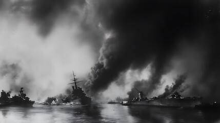 Fototapeta premium Burning warships surrounded by thick smoke and reflecting on the water