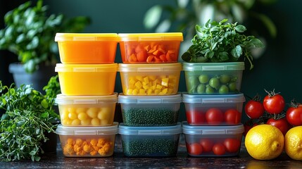 Stacked food containers with various vegetables and herbs.