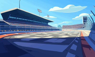 Background with a racing track, grandstands, and an outdoor racetrack arena without anyone in sight