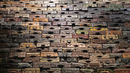 Wall of old suitcases. Dramatic background.