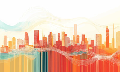 Colorful abstract city skyline with wavy lines and shapes.