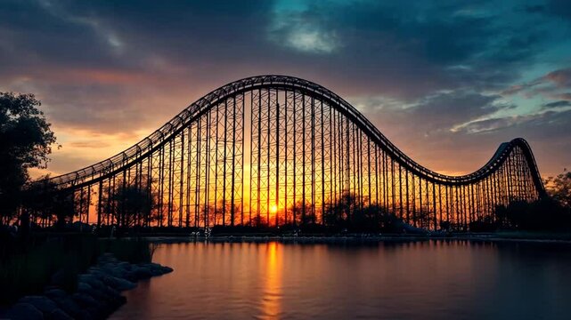 Roller coaster at sunset over lake, park background, image for amusement park