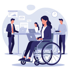 A business meeting featuring a woman in a wheelchair working on a laptop, flat vector illustration
