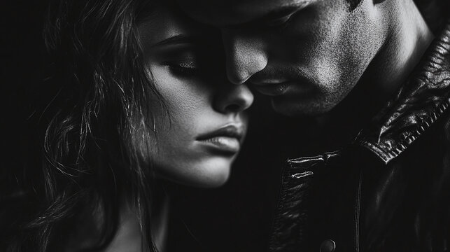 Close-up of a man and woman gently touching foreheads in dramatic lighting, capturing romantic intimacy and deep emotion