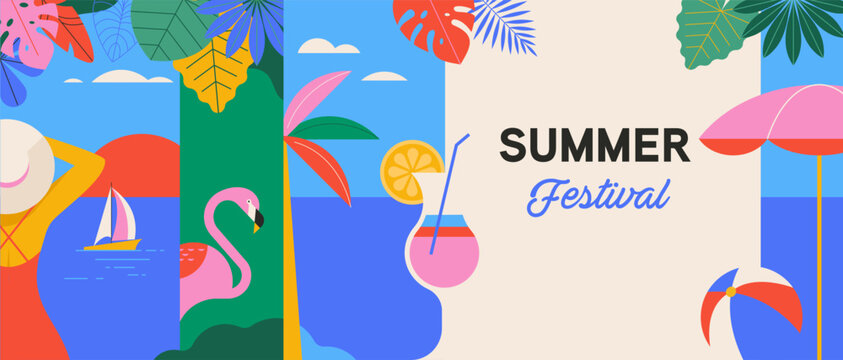 Colorful Geometric Summer Festival and Travel Background, poster, banner. Summer time fun concept design promotion design. Vector illustration