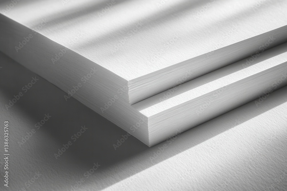 Leinwandbilder stacked white sheets of paper illuminated by natural light streaming through window shadows in a ser