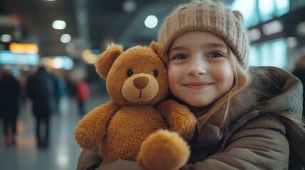Child with Teddy Bear in Public Space Winter Outfit Warm Clothing Indoor Environment Smilin