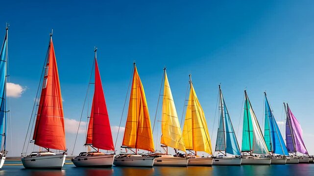 Row of sailboats with bright sails in rainbow colors lined up on calm water under clear blue sky in marina
