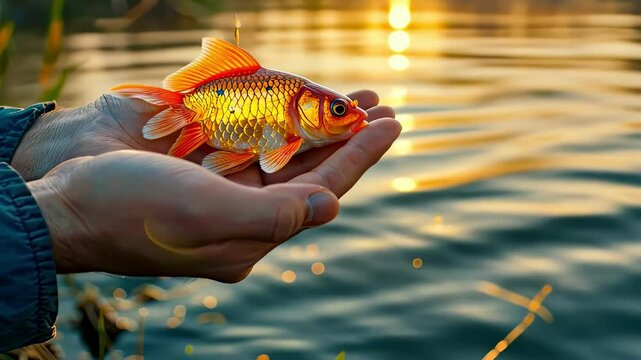 close-up of a fisherman holding a goldfish in his hands