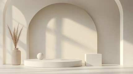 Minimalist beige product display with arches and sunlight