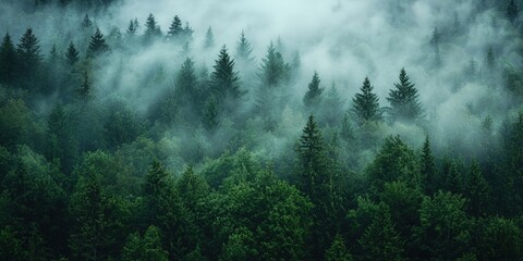 fog and clouds rolling in over a pine forest in the mountains 