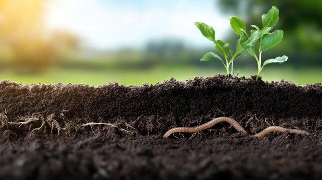 Soil ecosystem: plant roots, earthworms, microscopic organisms, underground network, garden life, fertile earth, environmental balance, ecological graphic, educational diagram, healthy gardening.