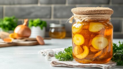 Homemade fermented honey and onion jar with fresh herbs on kitchen counter
