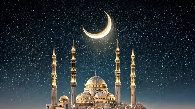 Golden mosque with crescent moon and glowing minarets under starry night sky in peaceful sacred setting