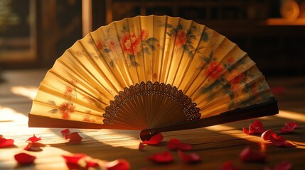 Elegant Floral Fan Illuminated by Warm Sunlight Surrounded by Petals on Wooden Surface