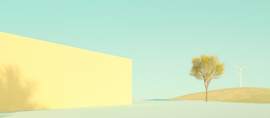 Minimalist Landscape: An artistic composition featuring a solitary tree and a minimalist yellow wall against a soft blue sky, evokes a sense of peace and contemplation in a serene environment.