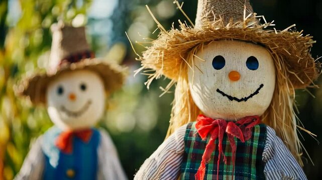 Colorful scarecrows stand in a sunlit garden reflecting fall harvest and rural charm