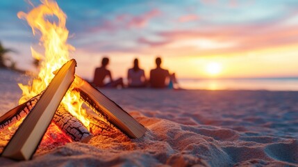 Beach campfire with sunset and silhouettes of friends enjoying the view.