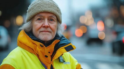Elderly Individual in Bright Yellow Jacket and Beanie Outdoors During Evening
