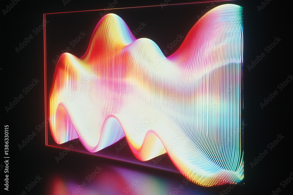 Poster vibrant waveform: a striking abstract art piece features dynamic, multicolored waveforms within a da