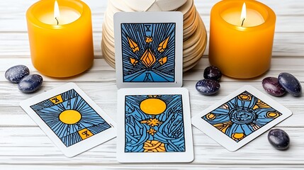 Abstract Tarot Cards with Yellow Candles on White Wood