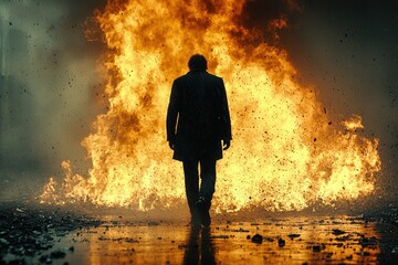A solitary figure walks away from a raging fire