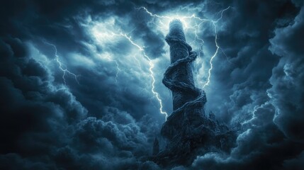 Obraz premium Tower engulfed in flames and spiraling smoke under a stormy sky with vivid lightning strikes. A dramatic depiction of destruction and chaos. Generative AI