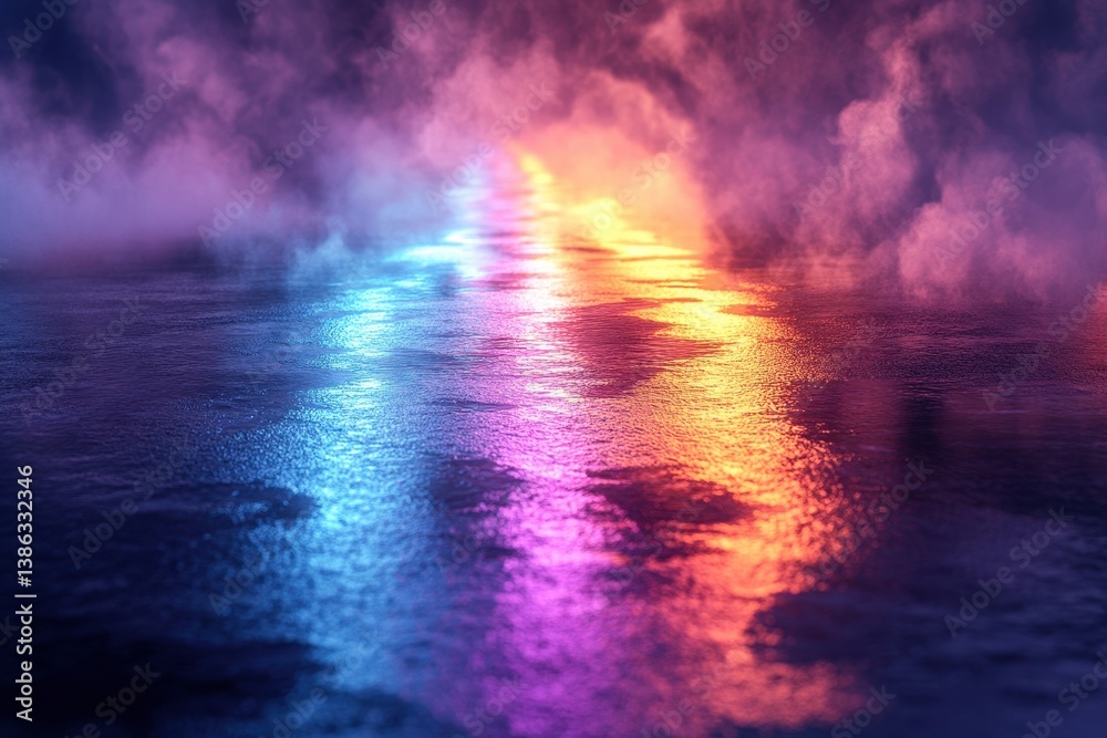 Aufkleber Colorful light and smoke create a captivating abstract composition on a wet surface at night