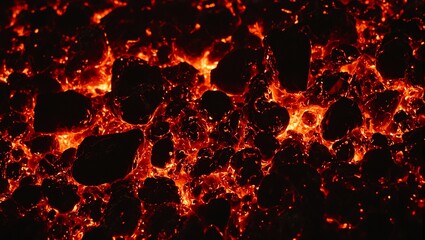 Vivid close up of fiery embers and charcoal contrasting reds and oranges against black ash creating a dramatic backdrop