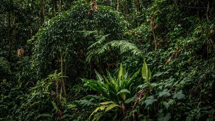Obraz premium Lush tropical rainforest foliage with green ferns and broad leafed plants creating a vibrant jungle scene