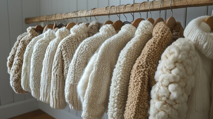 Neutral-toned knitted sweaters hanging on rustic wooden rack.