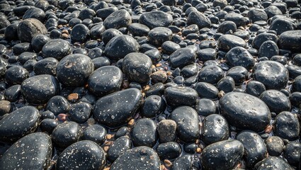 Smooth river stones of various sizes glistening under soft light A calming and polished backdrop for your design needs