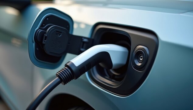 Plano detalle de la conexi&oacute;n de carga en un auto el&eacute;ctrico &ndash; Imagen realista


