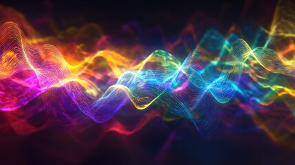 Abstract flowing waves of light in shades of yellow, pink, and blue. Dynamic design representing motion, energy, and sound with glowing ethereal curves. Generative AI