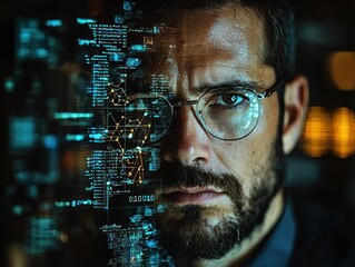 Focused man with digital overlay