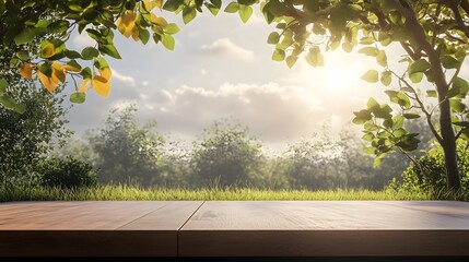Obraz premium A wooden stage set against a spring day with a green grass meadow, bright sunlight, and tree leaves, with ample copy space.