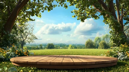 A wooden stage set against a spring day with a green grass meadow, bright sunlight, and tree leaves, with ample copy space.