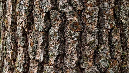 Fototapeta premium Detailed macro photo of rugged tree bark rich brown tones and patches of moss Organic and earthy backdrop in close up