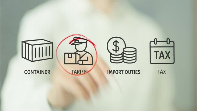 Businessman drawing and circling tariff icons on a transparent digital whiteboard, emphasizing the concept of import duties and taxation in international trade