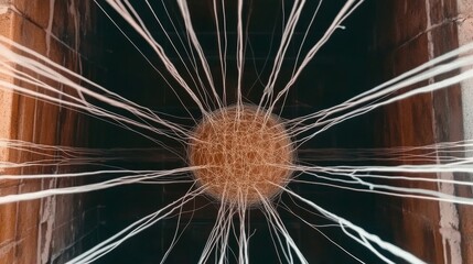 Obraz premium Abstract web of interconnected lines and central sphere in geometric design