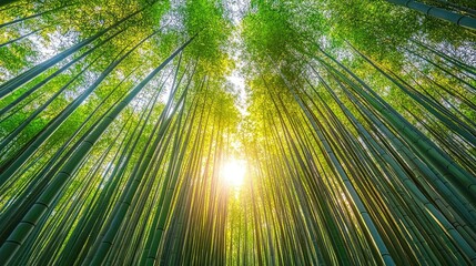 Fototapeta premium Bamboo forest with tall green stalks reaching towards sky, creating natural tunnel effect. Sunlight filters through the leaves, highlighting serene and tranquil atmosphere of the forest. Generative AI