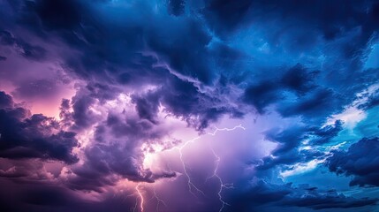 Fototapeta premium Bright lightning strike illuminating dark storm clouds in the night sky. The dramatic and powerful energy contrasts with the moody, turbulent cloud formations. Generative AI