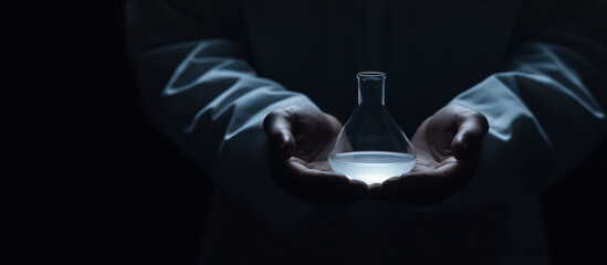 Illuminating Science: A scientist's hands cradle a luminous flask, a symbol of scientific discovery and innovative research in a captivating, low-key ambiance.