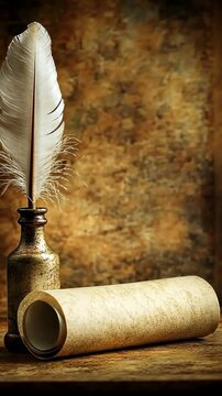 Vintage ink bottle and feather quill with scroll on rustic wooden table in warm light