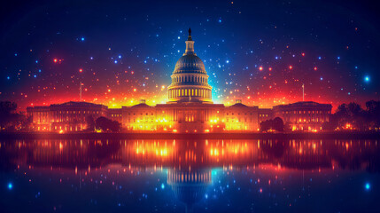 Obraz premium Capitol Building silhouette during twilight with a vibrant night sky filled with stars