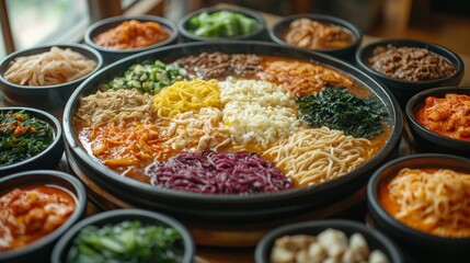 Obraz premium Colorful Korean Noodles Dish with Fresh Vegetables and Spicy Sauce - Authentic Asian Cuisine Recipe